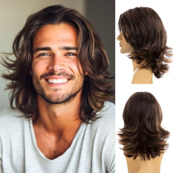 Mens Brown Wig Natural Layered Short Brown Side Part Synthetic Halloween Cosplay